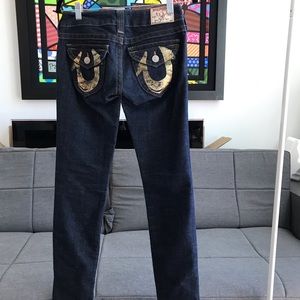 TRUE RELIGION JEANS WITH GOLD BACK. WORN TWICE
